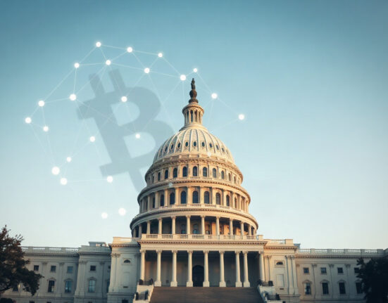 U.S. Capitol building with digital blockchain overlay symbolizing CFTC crypto regulation review