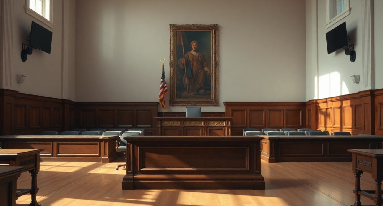 Empty courtroom interior with judge's bench and American flag, representing the CFTC settlement with former Celsius CEO.