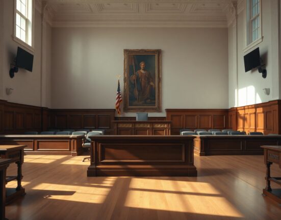 Empty courtroom interior with judge's bench and American flag, representing the CFTC settlement with former Celsius CEO.