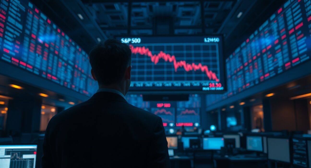 Trader monitoring a downward-trending S&P 500 chart on a dimly lit trading floor