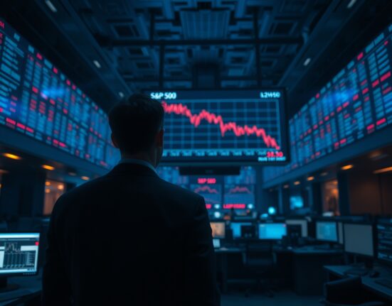 Trader monitoring a downward-trending S&P 500 chart on a dimly lit trading floor