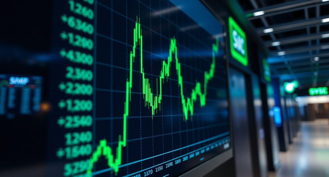 S&P 500 candlestick chart on a trading screen with green upward movement