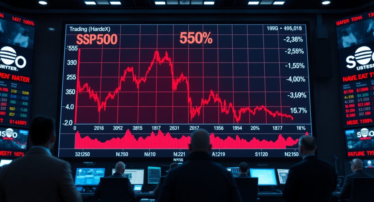 Trading board displaying S&P 500 downtrend with negative figures in a financial exchange.