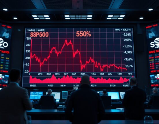 Trading board displaying S&P 500 downtrend with negative figures in a financial exchange.