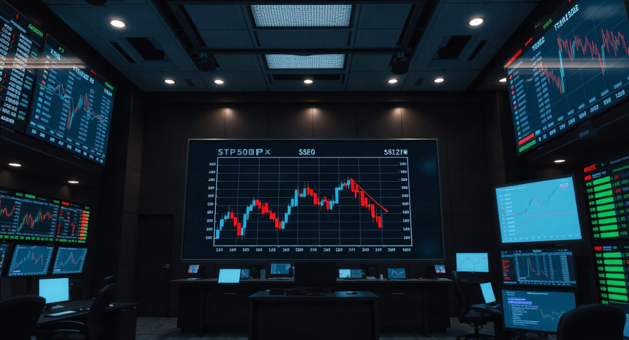 Trading screens displaying S&P 500 chart with a downward trend in a professional newsroom setting.