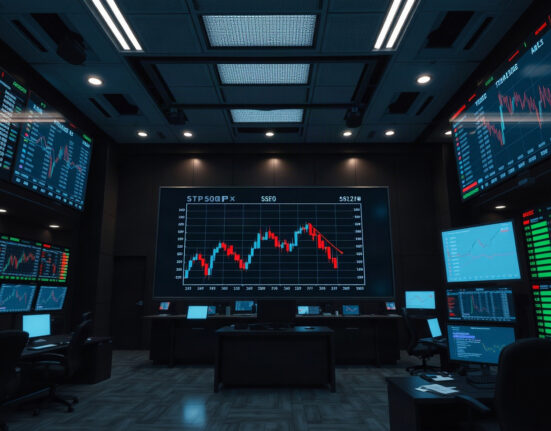 Trading screens displaying S&P 500 chart with a downward trend in a professional newsroom setting.