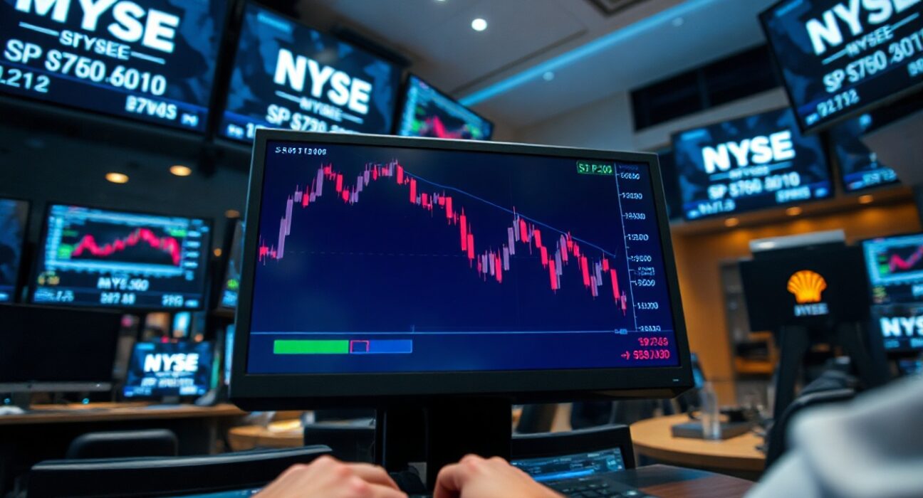 S&P 500 chart on a trading screen with a trader's hands on keyboard, reflecting market sentiment