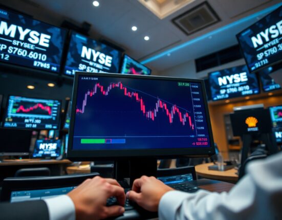 S&P 500 chart on a trading screen with a trader's hands on keyboard, reflecting market sentiment