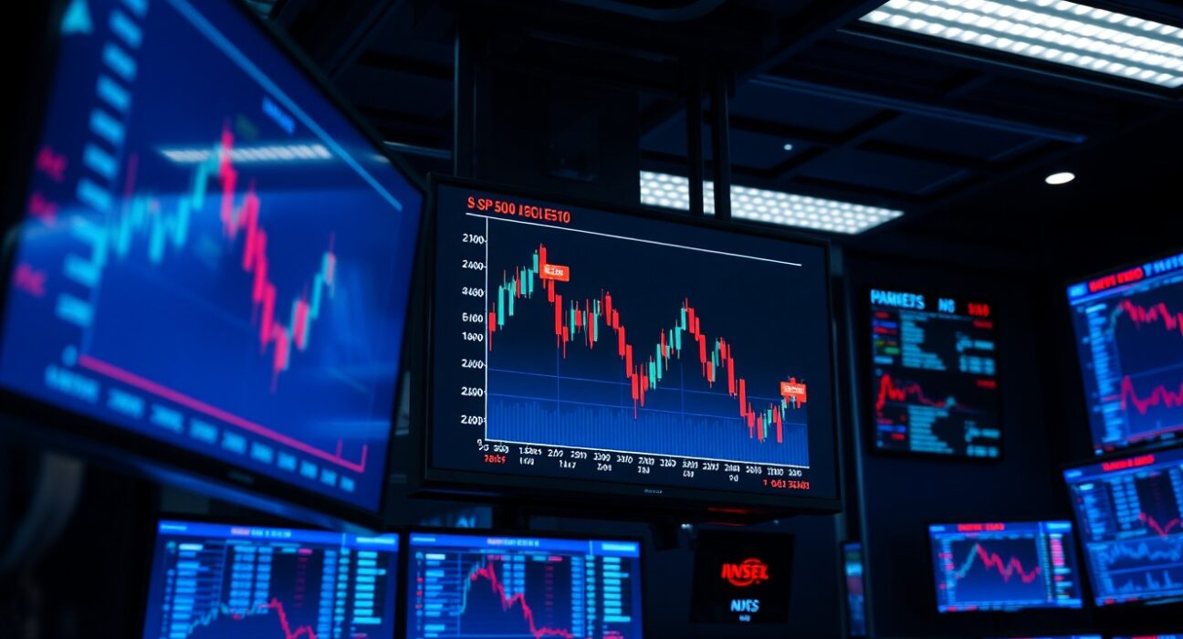 Trading floor with S&P 500 chart on monitors reflecting market sentiment shift
