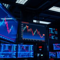 Trading floor with S&P 500 chart on monitors reflecting market sentiment shift