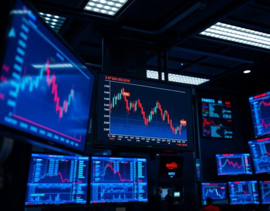 Trading floor with S&P 500 chart on monitors reflecting market sentiment shift