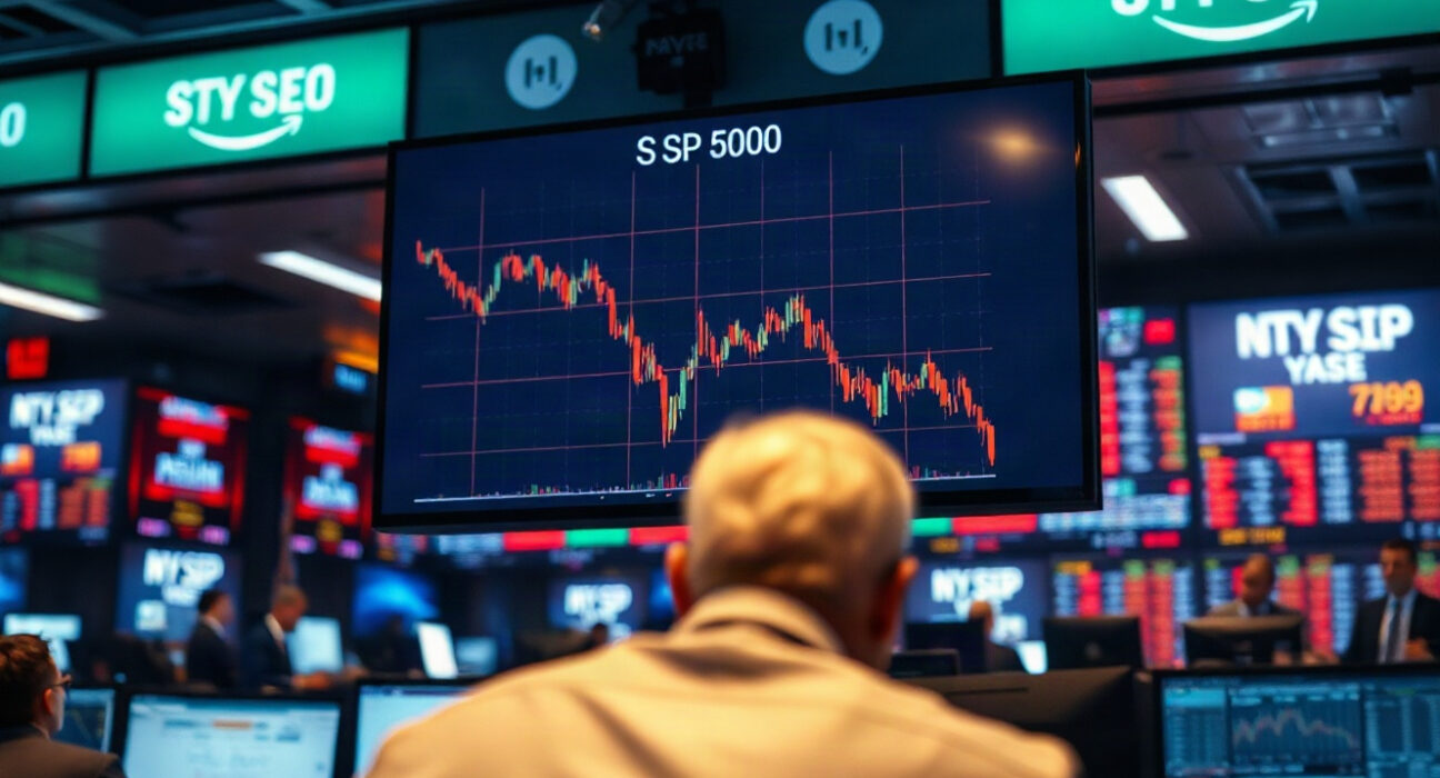 Trading screen showing a declining S&P 500 chart on a financial floor