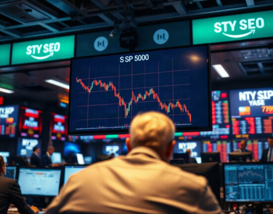 Trading screen showing a declining S&P 500 chart on a financial floor