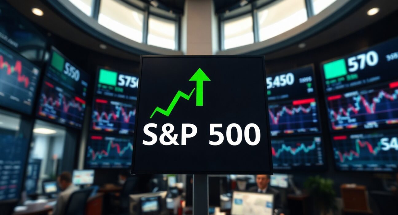 Electronic trading board showing S&P 500 with green upward arrow in a modern financial office