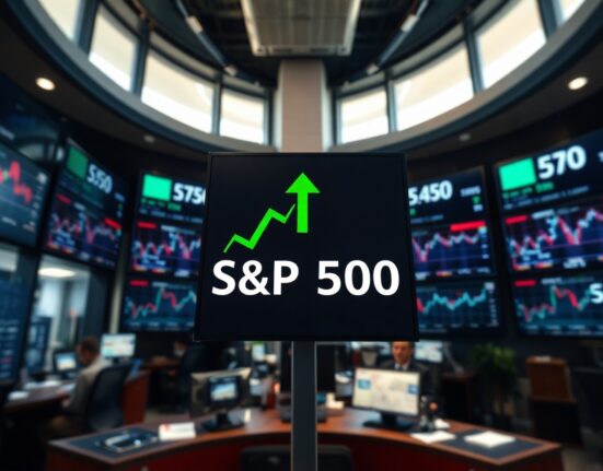 Electronic trading board showing S&P 500 with green upward arrow in a modern financial office