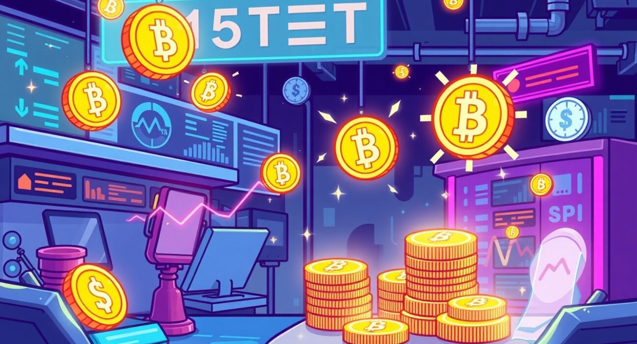 A cartoon illustration showing stablecoins as collateral in a dynamic derivatives market, highlighting the CFTC's regulatory approval.