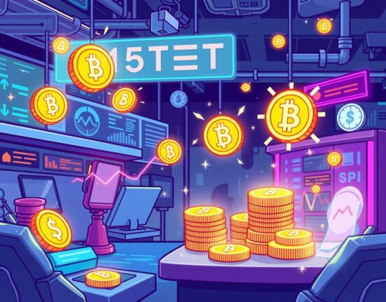 A cartoon illustration showing stablecoins as collateral in a dynamic derivatives market, highlighting the CFTC's regulatory approval.