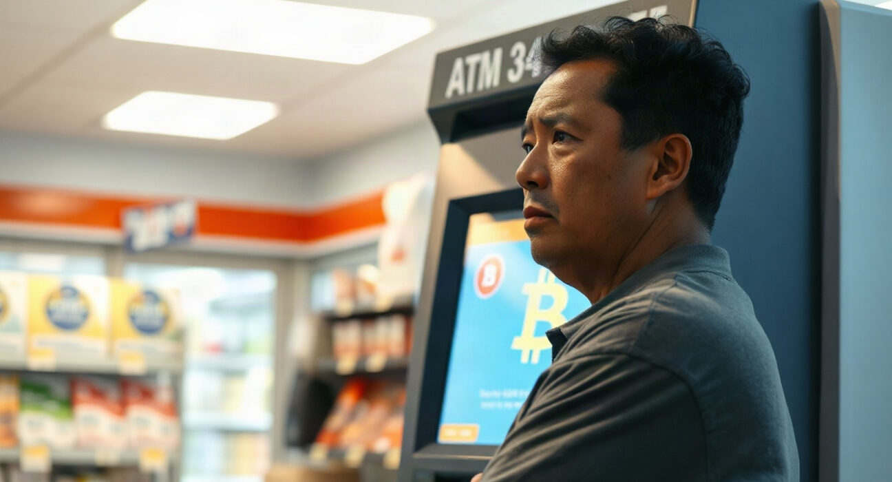 Person using a cryptocurrency ATM in a convenience store, illustrating CFTC warning about risks