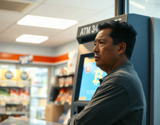 Person using a cryptocurrency ATM in a convenience store, illustrating CFTC warning about risks
