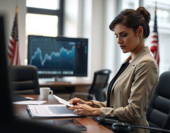 CFTC regulatory oversight in a modern office with a woman reviewing documents and a U.S. flag in the background.