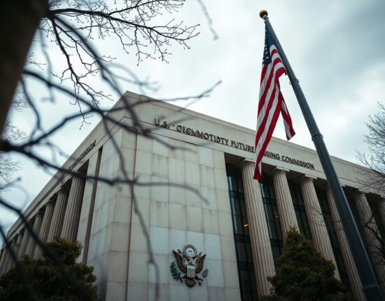 Exterior of the CFTC headquarters in Washington, D.C., on a cloudy day.