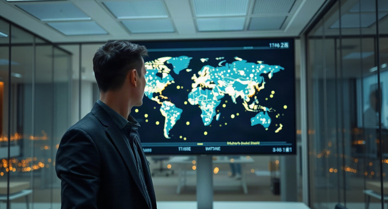 Financial analyst reviewing global crypto tax data on a large screen with blockchain network map