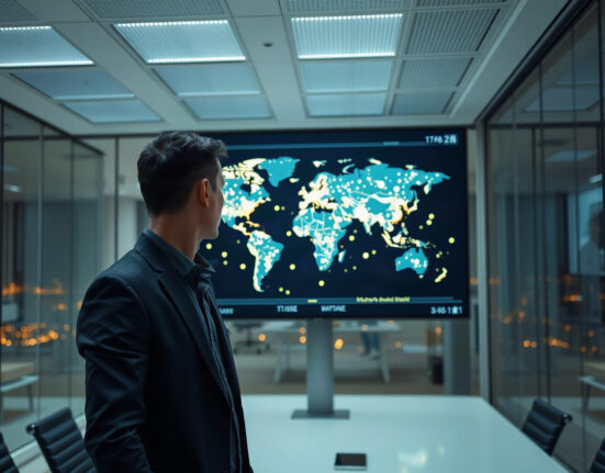 Financial analyst reviewing global crypto tax data on a large screen with blockchain network map