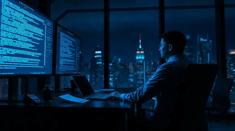 Investigator using blockchain analytics software on a monitor in a dark operations room.
