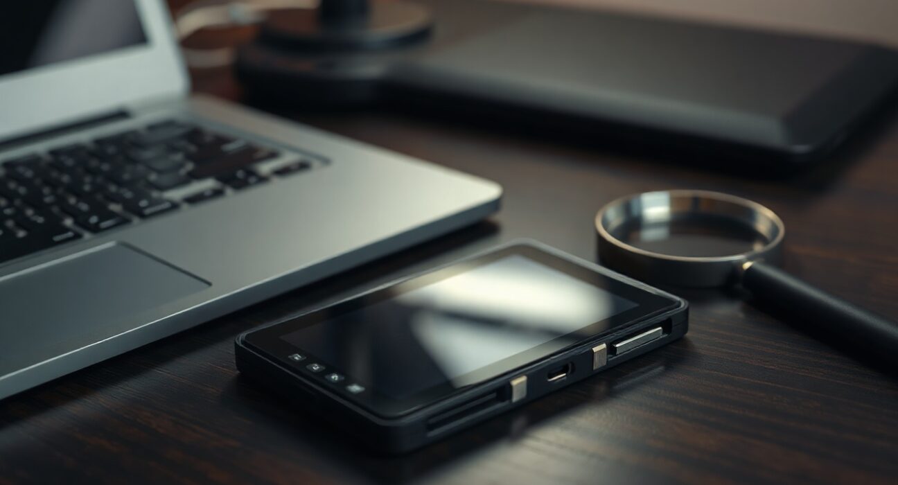 Hardware wallet device on desk with magnifying glass, symbolizing investigation into Bitcoin theft