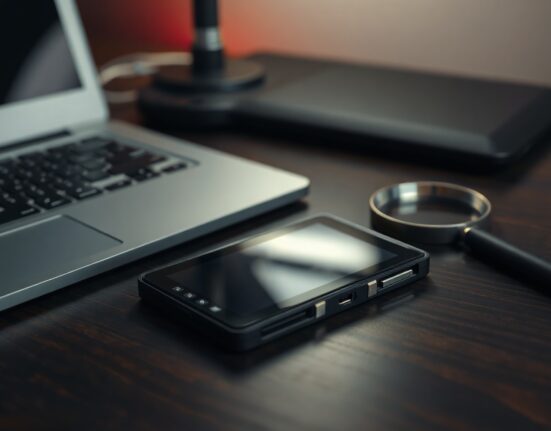 Hardware wallet device on desk with magnifying glass, symbolizing investigation into Bitcoin theft