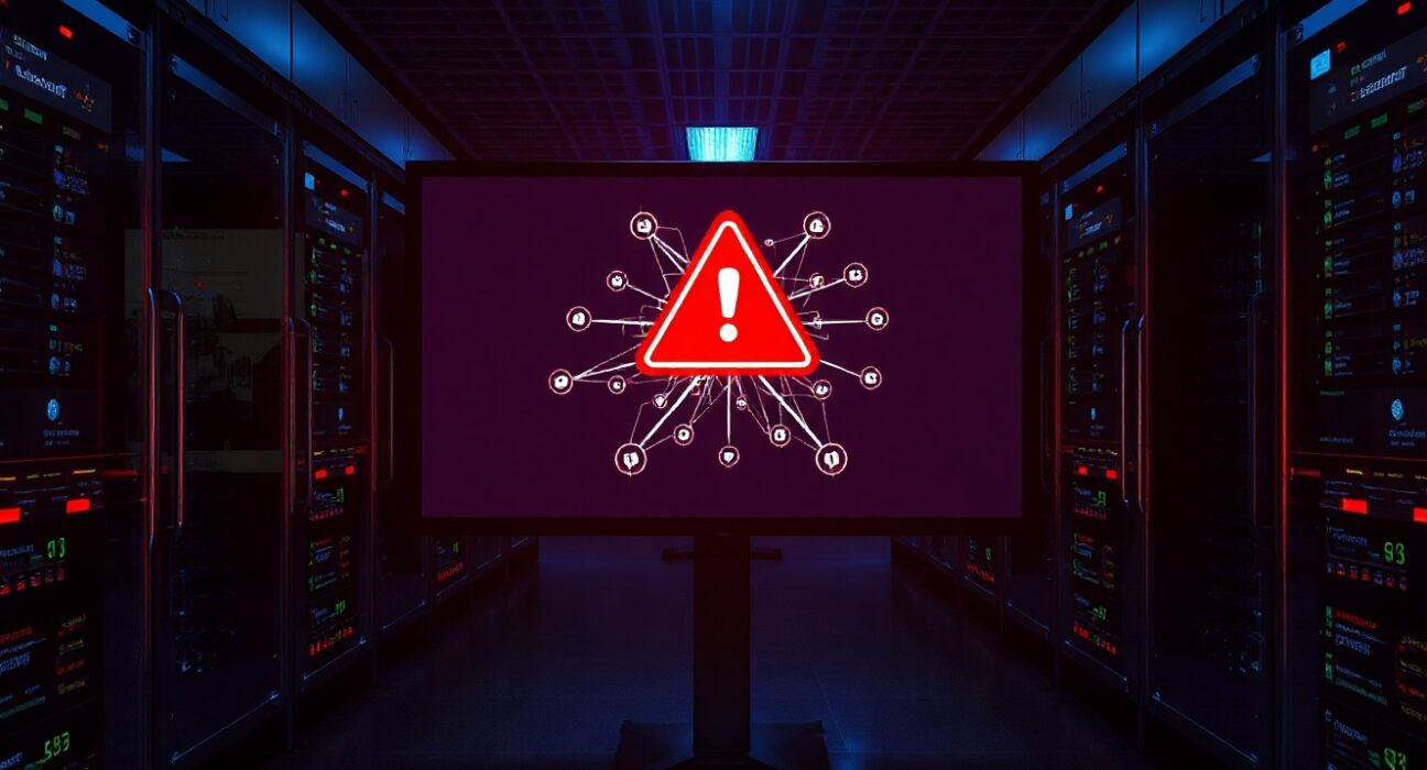 Cybersecurity monitoring screen showing a network breach alert in a data center