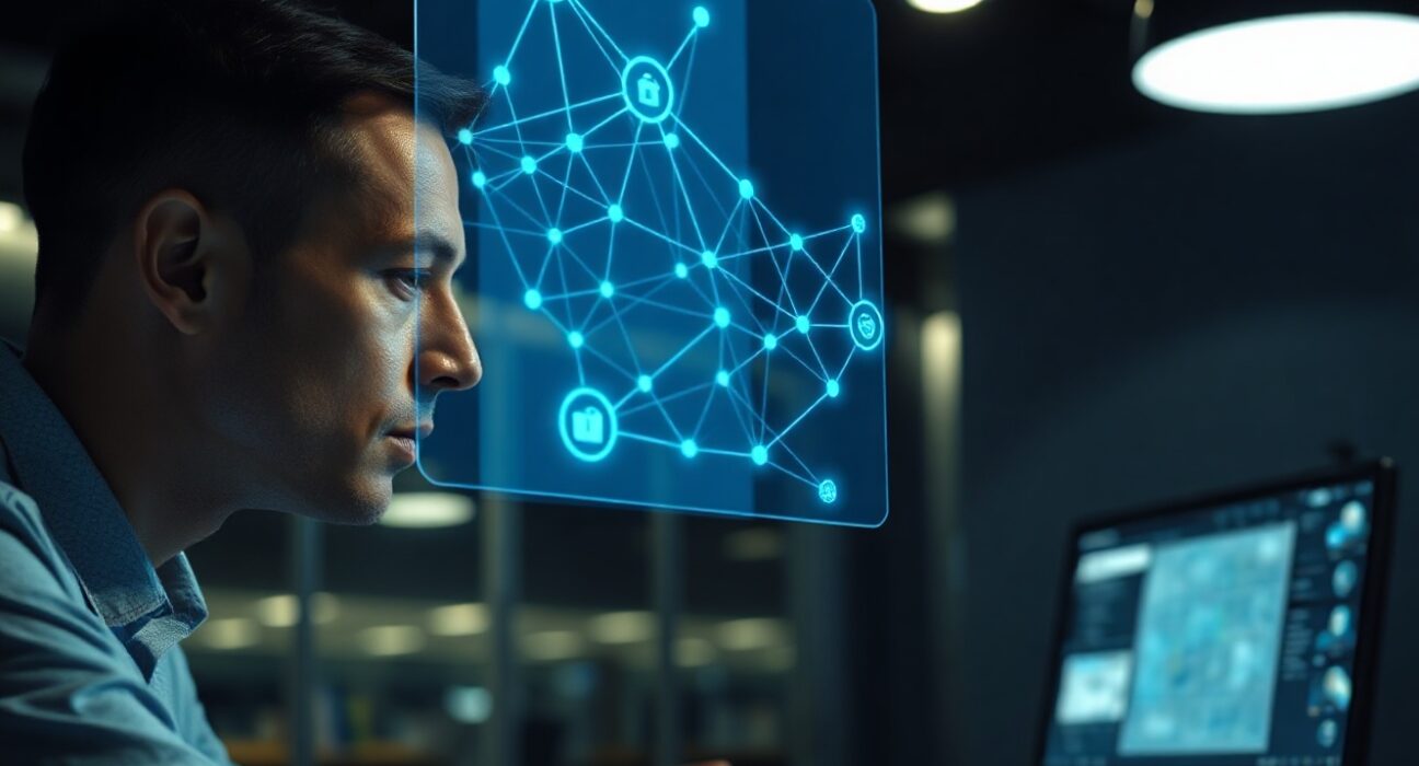 Cybersecurity analyst monitoring blockchain network for social engineering hacks
