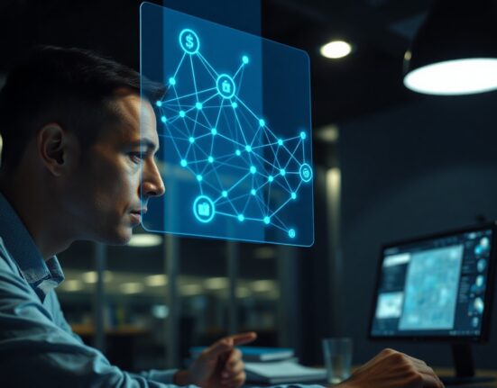 Cybersecurity analyst monitoring blockchain network for social engineering hacks