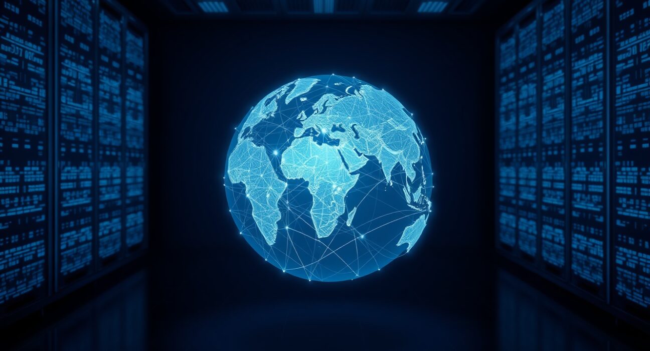Global financial network visualization representing Chainalysis prediction on massive stablecoin transaction growth.