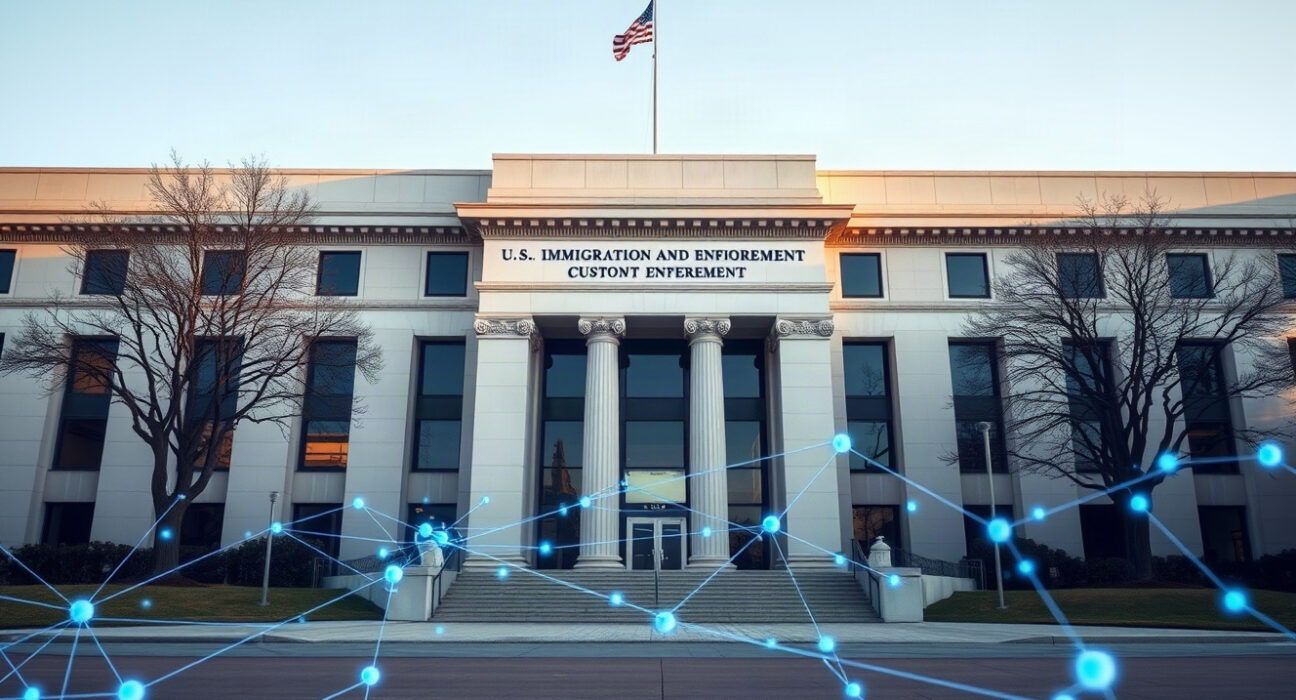 Federal building exterior with digital blockchain network overlay, representing the ICE contract dispute