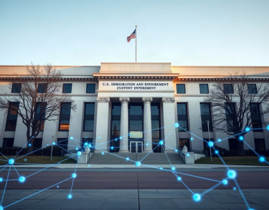 Federal building exterior with digital blockchain network overlay, representing the ICE contract dispute