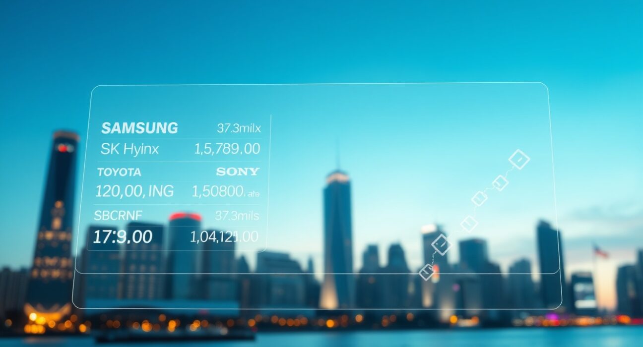 Digital display showing stock prices for Samsung, SK Hynix, Toyota, Sony, and SoftBank with blockchain interface elements in a financial district setting.