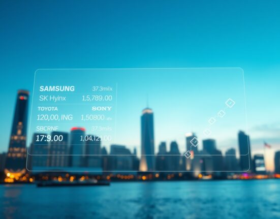 Digital display showing stock prices for Samsung, SK Hynix, Toyota, Sony, and SoftBank with blockchain interface elements in a financial district setting.