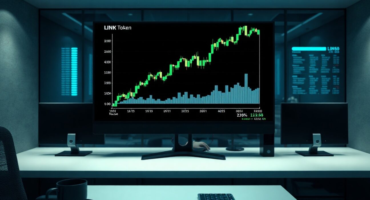 Chainlink buyback: LINK token price chart on screen in trading room