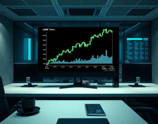 Chainlink buyback: LINK token price chart on screen in trading room