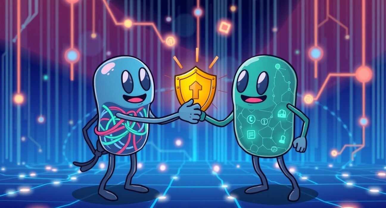 Cartoon showing Chainlink and Canton Network entities forming a secure partnership, symbolizing the strength of the Chainlink Canton Network partnership.