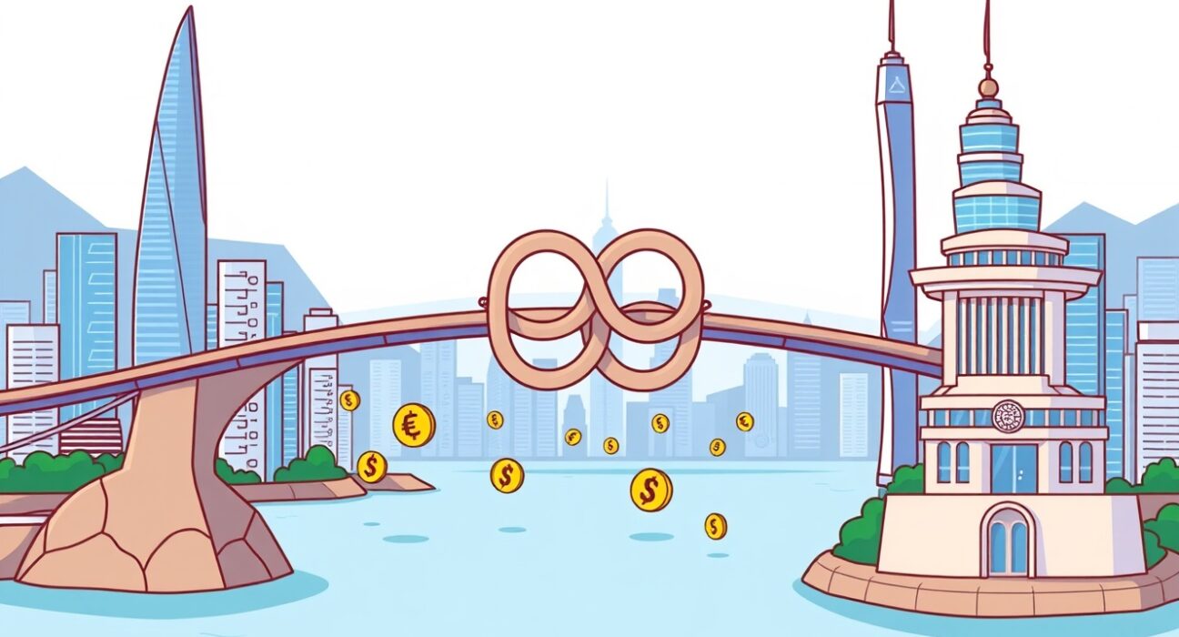 Cartoon illustration of Chainlink DvP Settlement securely connecting Brazil and Hong Kong for digital finance.