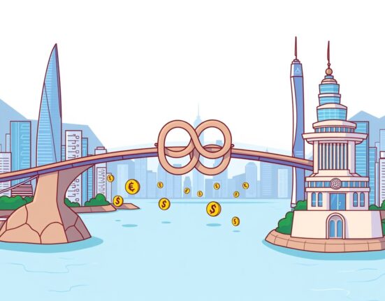 Cartoon illustration of Chainlink DvP Settlement securely connecting Brazil and Hong Kong for digital finance.