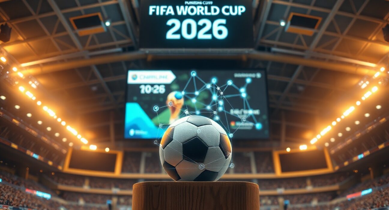 Digital holographic blockchain network overlaying a stadium podium with a soccer ball for FIFA World Cup 2026