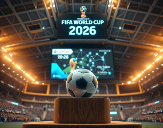 Digital holographic blockchain network overlaying a stadium podium with a soccer ball for FIFA World Cup 2026