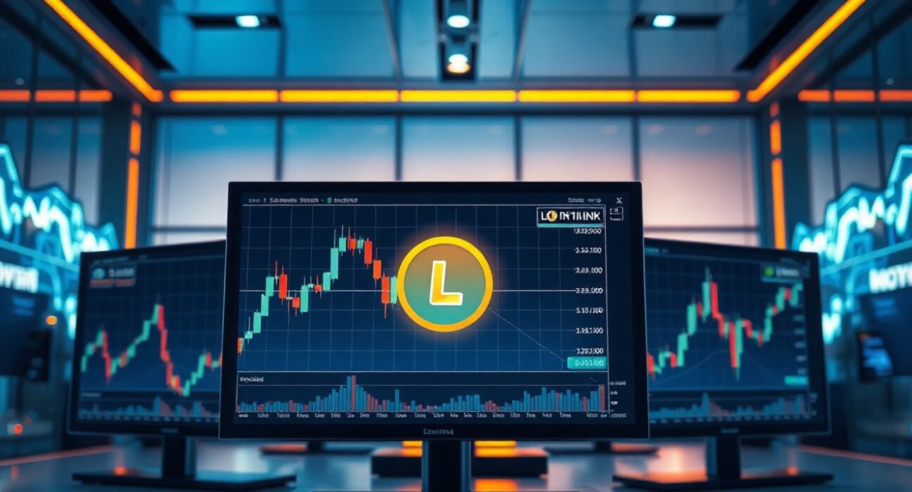 Chainlink LINK token exchange outflow chart on trading monitors in a professional financial environment