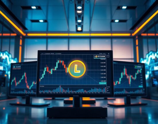 Chainlink LINK token exchange outflow chart on trading monitors in a professional financial environment
