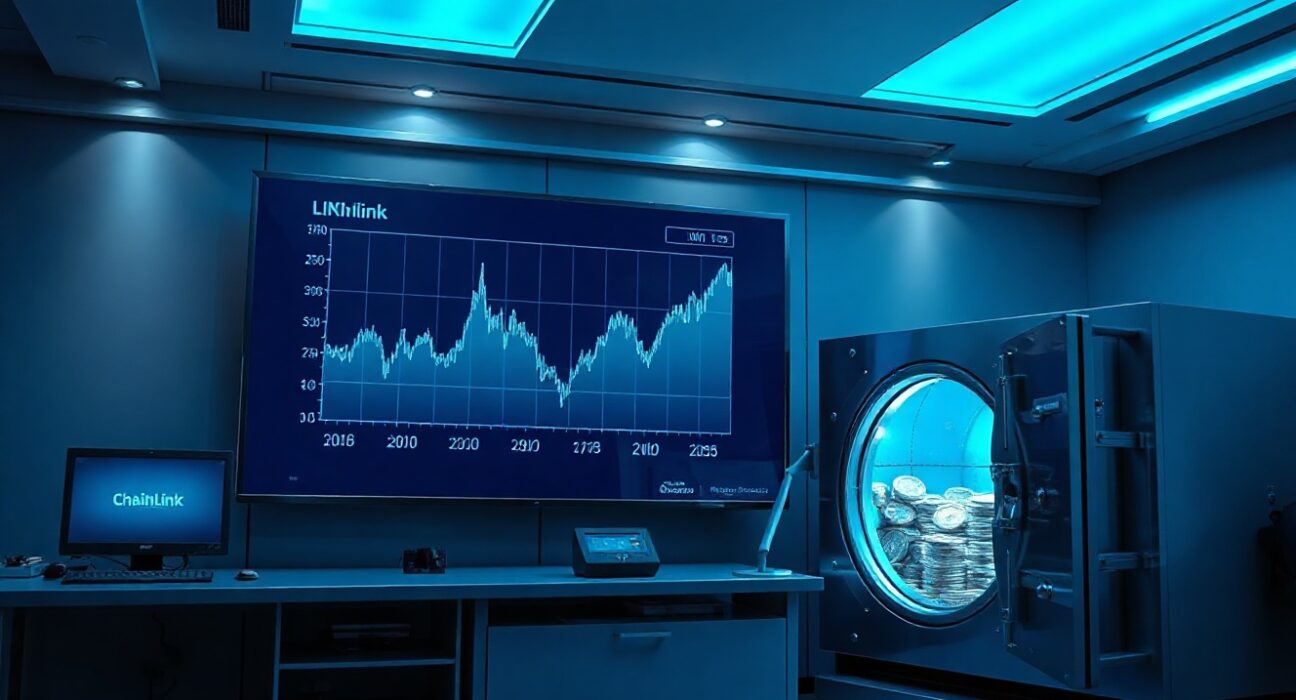 Chainlink LINK token buyback reserve digital display in modern financial office