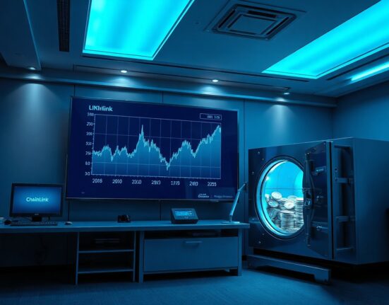 Chainlink LINK token buyback reserve digital display in modern financial office