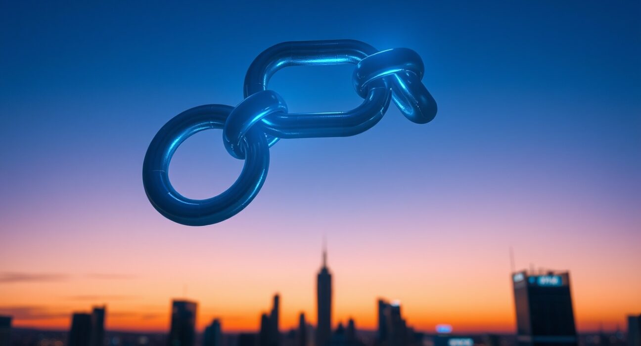 Glowing digital Chainlink symbol over a city skyline at dusk, representing cryptocurrency and blockchain technology.